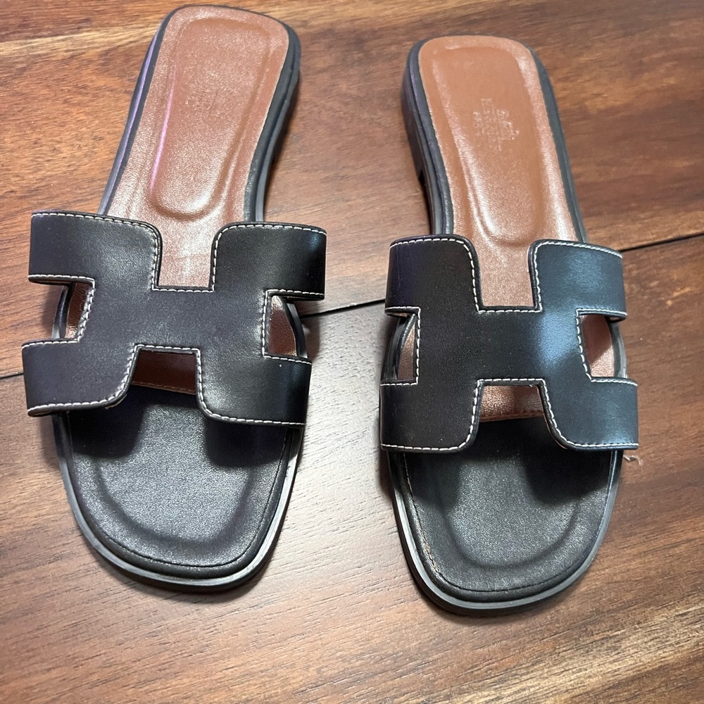 Hermes Black Oran Sandals